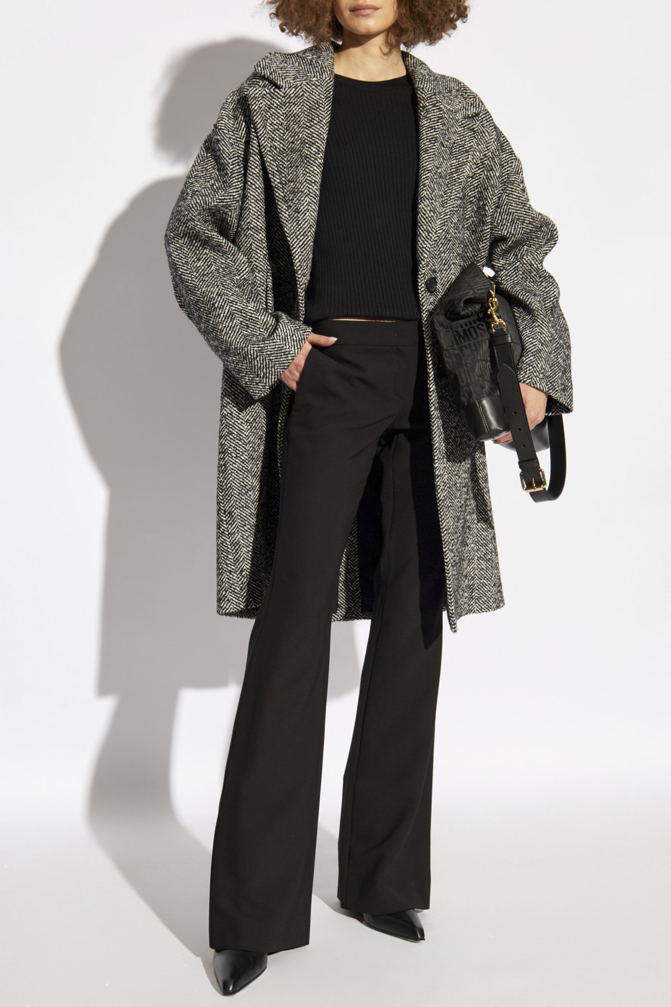 トレンチコート Moschino Single Breasted Wool Coat Black Herringbone Pattern Moschino Single Breasted Wool Coat Black Herringbone Pattern